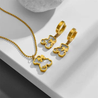 Stainless steel white exquisite teddy bear necklace small bow women's chain necklace earring set