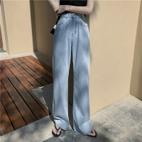 落地褲女闊腿褲高腰垂感夏季薄款拖地長褲寬松港風直筒掃地牛仔褲