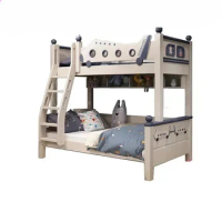 Two-Story Bed Bunk Small Apartment Bunk Bed Solid Wood Sliding Ladder Double Bed Upper and Lower Bunk Cartoon Aircraft