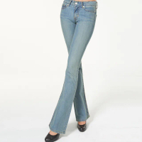 【BOBSON】女款低腰伸縮中喇叭褲(復古藍944-75)