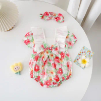 Jenny&amp;Dave 2023 Summer Infant Creeper Girl's New Short Sleeve Romper Triangle Creeper Fashionable Little Girl Flower Wrapped Far