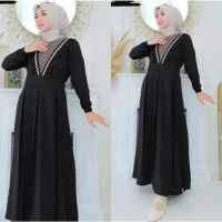Dress Crinkle Gamis Airflow Premium Mix Brokat Muslim Dewasa Model Baru - Hitam - Menyusui, Wanita, 