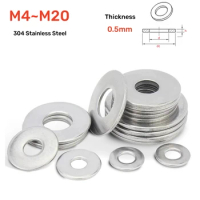 10~100 Pcs M4 M5 M6 M8M10M12M14M16M18M20 304 Stainless Steel Flat Washer Metal Plain Gasket Rings for Screw Bolt Thickness 0.5mm