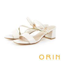 【ORIN】金屬斜邊飾條羊皮中跟 女 拖鞋(白色)
