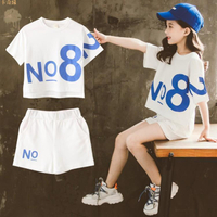 夏季新款女大童套裝兒童運動裝2023新款韓版女童短袖短褲套裝扎染字母T恤大童兩件套