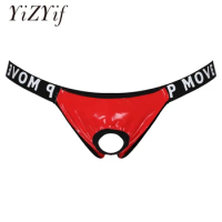 Men Hollow Out Thongs G Strings Patent Leather Bulge Pouch Jockstrap T-Back Letter Print Waistband Thongs Panties Underwear