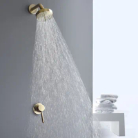 Tuqiu Bathroom Shower Set Brushed Gold Round Rainfall Shower Faucet Wall Mounted Nickel Shower Mixer Bathroom Shower Head