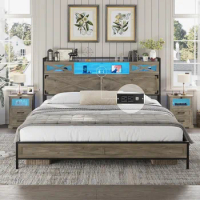 Bed Frame King Size with LED Lights and Charging Station, Rustic Platform King Bed with Storage Headboard with Sliding Barn Door