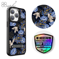 apbs iPhone 15 14系列 軍規防摔鋁合金鏡頭框立架手機殼(浮世繪牡丹與鶴)
