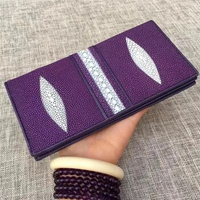 Unisex Style Authentic Real True Stingray Skin Women Long Bifold Wallet Female Purple Thin Clutch Bag Genuine Leather Card Purse