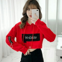 嘻哈春秋紅色衣服寬松連帽高腰露臍短款漏肚臍衛衣女短裝休閑上衣
