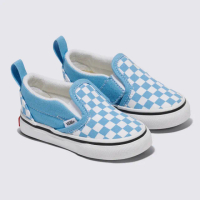【VANS 官方旗艦】Slip-On V 小童款藍色棋盤格滑板鞋(童鞋)