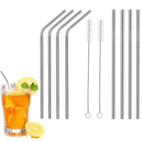 Reusable Metal Drinking Straws 8pcs Long Stainless Steel Sturdy Bent Straight Drinks Straw with Cleaning Brush Bar Accessory