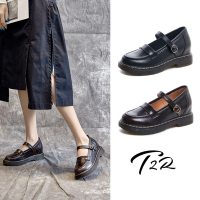 T2R-正韓空運-真皮復古縫線邊瑪莉珍鞋-增高6cm-黑/白