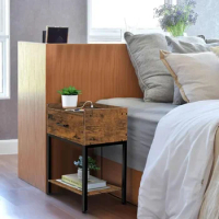 Nightstand with Charging Station 2-Tier, Side Tables Bedroom with Drawer Small, Brown, Bedside Table with USB Ports and Outlets