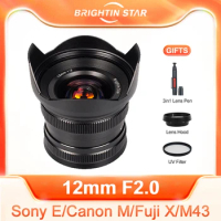 Brightin Star 12mm F2.0 APS-C Wide Angle Fixed Focus Lens for Canon EF-M M50 Sony E A6000 A73 Fuji FX XT2 XE3 M4/3 Mount EM10II