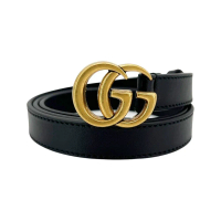 Gucci 仿舊金雙G logo小牛皮細版釦式腰帶/皮帶（409417-黑）-80cm