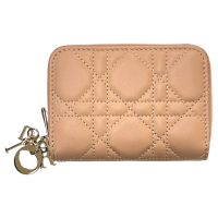 【二手名牌BRAND OFF】Dior 迪奧 粉膚色 羊皮 籐格紋 Lady Dior Voyageur 拉鍊 零錢包