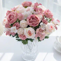1Pc Artificial flower Silk Rose Peony Hydrangea For Wedding bridal bouquet garden arch Christmas Wreath Home Decoration DIY gift