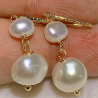 11-12mm White Baroque Pearl Earring 18k Gold Ear Drop Dangle Women Natural Accessories Real Irregular AAA Party Jewelry Aurora