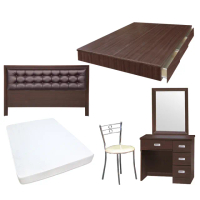 【顛覆設計】房間五件組 皮面床頭片+抽屜床+獨立筒+鏡台+椅(雙人5尺)