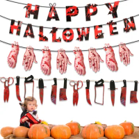 1pc Halloween Banner Flag Bloody Knife Letter Paper Wall Home Decor Horror Flags And Banners Party Supplies Gift Boys Girls