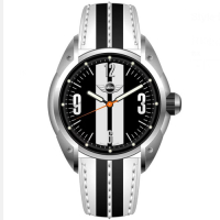 MINI Swiss Watches 石英錶 45mm 黑底白條錶面 黑白真皮錶帶