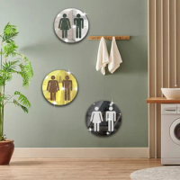 5mm 3D Acrylic Mirror Round Toilet Door Sign Men Women Bathroom WC Black Gold Silver Modern Wood Base Wall Sticker Home Decor