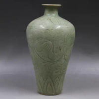 Green Ceramic Vase Pottery Bulb Chinese Vases Antique Carved Flower Pattern Vase Bottle