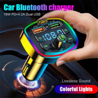 Car Bluetooth 5.0 FM Transmitter PD 18W Type-C Dual USB 4.2A Fast Charger LED Backlit Atmosphere Light MP3 Player Lossless Music