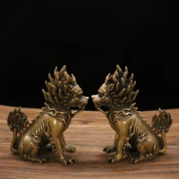 6"Tibetan Temple Collection Old Bronze Unicorn Statue Kirin A pair Fire Unicorn Gather wealth Ornaments Town House Exorcism