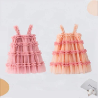 New Summer Girls Dresses Solid Colour Fluffy Mesh Halter Cake Puffy Dress Holiday Party Girls Clothing Cute Princess Frock