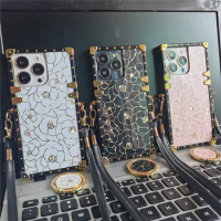 Luxury Glitter Rose Flower Cover For Google Pixel 8 PRO 6 Pro 6A Fashion Gold Square Lanyard Case for Google Pixel 7 Pro 7A