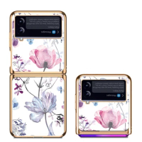 ZFlip4 Funda Case for Samsung Galaxy Z Flip 3 4 2 Z Fold 3 Watercolor Pink Blue FlowerTempered Glass Coque Protection Case Cover