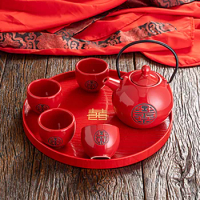 Chinese Traditional Wedding Ceramic Tea Set Kettle Red Double Happiness Teapot Cup Teaware Newlywed Gift Wedding Banquet Supply