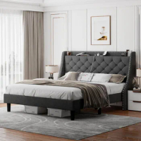 King size bed frame with wing back soft cushion button cluster storage headboard, king size platform bed with charging station
