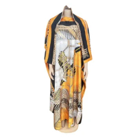 Popular African Women Bohemian Silk Printed Long Dress With Scarf Summer Promotion Muslim Lady Quality Robe Kaftan Dress