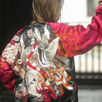High Street Men Boys Streetwear Nine Tailed Fox Embroidered Loose Sukajan Souvenir Jacket Coats Fashionable Vintage Hip Hop
