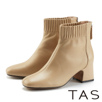 TAS 線條縮口羊皮粗中跟短靴 淺棕