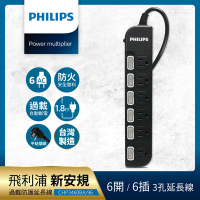 【Philips 飛利浦】6開6座延長線 1.8M 兩色可選-CHP3460