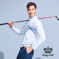 【KING GOLF】門市新品-男款薄款立領拉鍊線條圖形長袖POLO衫/高爾夫球衫(白色)