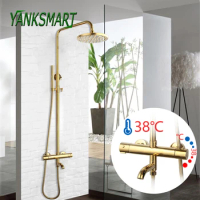 YANKSMART Thermostatic Bathroom Shower Set Gold Temperature Shower System Mixer Tap Rainfall Head Wall-Mounted Handheld Sprayer