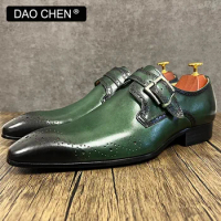 LUXURY DESIGNER MEN'S LOAFERS GENUINE LEATHER MONK STRAP SHOES CASUAL MAN DRESS SHOES BLACK GREEN OFFICE WEDDING SHOES FOR MEN