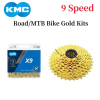 KMC 9Speed Gold Road/MTB Bike Chain x9 Bike Chain with VG SPORTS 9S Gold Bicycle Cassette For Road/MTB Bicycle Original Parts