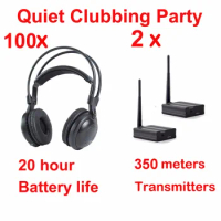 500m Silent Disco Strong Low Bass Wireless Headphones UHF-6 - Quiet Clubbing Party Bundle (100 Headphones + 2 Transmitters)