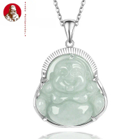 Natural Myanmar barang jadeite Buddha Gong Maitreya Liontin Buddha S925 liontin giok es bertatahkan 
