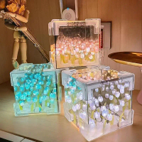 Lampu Tidur DIY Kubus Ajaib - Buket Bunga Tulip & Cermin, Hadiah Romantis untuk Pacar
