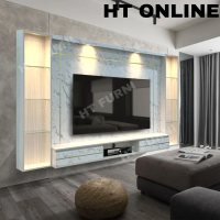 HT ONLINE 8ft Moden TV Kabinet Dengan Panel Fluted Putih Marmer Untuk TV Maks 75\ Kualiti Export Tan
