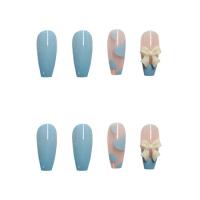 3D Bowknot Blue Fake Nails Chip-Proof Smudge-Proof Fake Nails for Shopping Traveling Dating DIN889