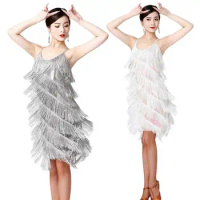 Women Sexy Tassel Latin Dress V-Neck Sleeveless Tiered Fringe Flapper Dress Elegant Evening Clubwear